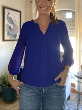 Skies Are Blue Royal Blue Scalloped V-Neck Blouse